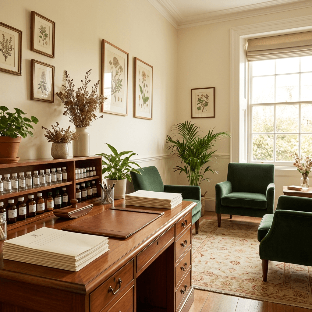 Homeopathic consultation room with botanical care details